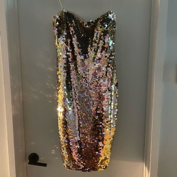 BHLDN Green and Gold Sequin Strapless Sheath Dress - Picture 9 of 10